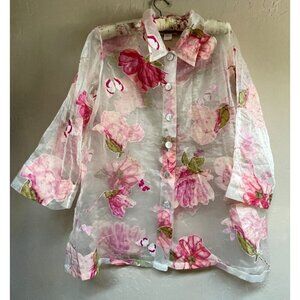 Rialto Collection by Joy Perreras Sheer Floral Shirt Top Large Pink Lightweight